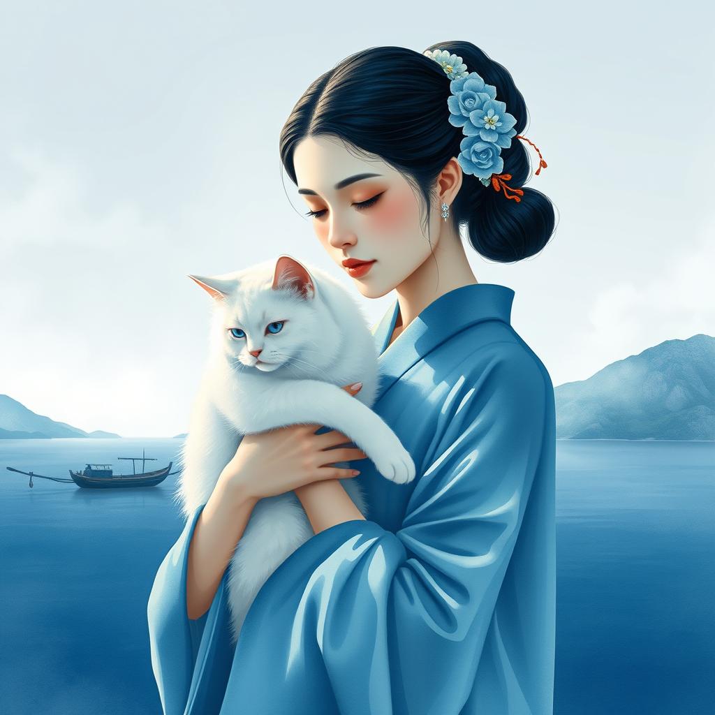A serene woman dressed in traditional East Asian clothing, gently cradling a soft, fluffy white cat