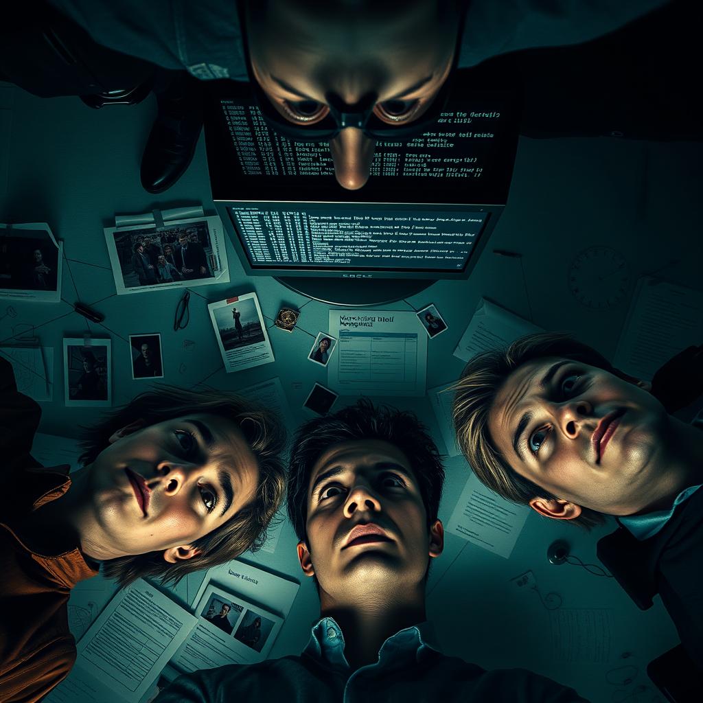 A dramatic film poster featuring a group of four investigators gazing intently upwards towards the camera, creating a sense of intrigue