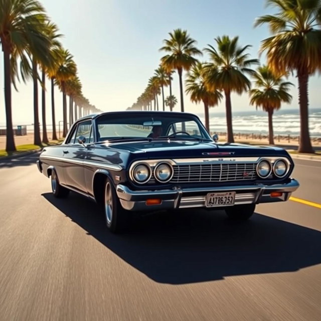 A deep blue 1963 Chevrolet Impala lowrider cruising along a sunny beachfront boulevard, gently bouncing on its hydraulic suspension