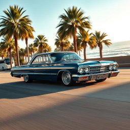A deep blue 1963 Chevrolet Impala lowrider cruising along a sunny beachfront boulevard, gently bouncing on its hydraulic suspension