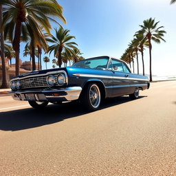 A deep blue 1963 Chevrolet Impala lowrider cruising along a sunny beachfront boulevard, gently bouncing on its hydraulic suspension