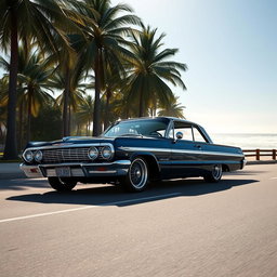 A deep blue 1963 Chevrolet Impala lowrider cruising along a sunny beachfront boulevard, gently bouncing on its hydraulic suspension