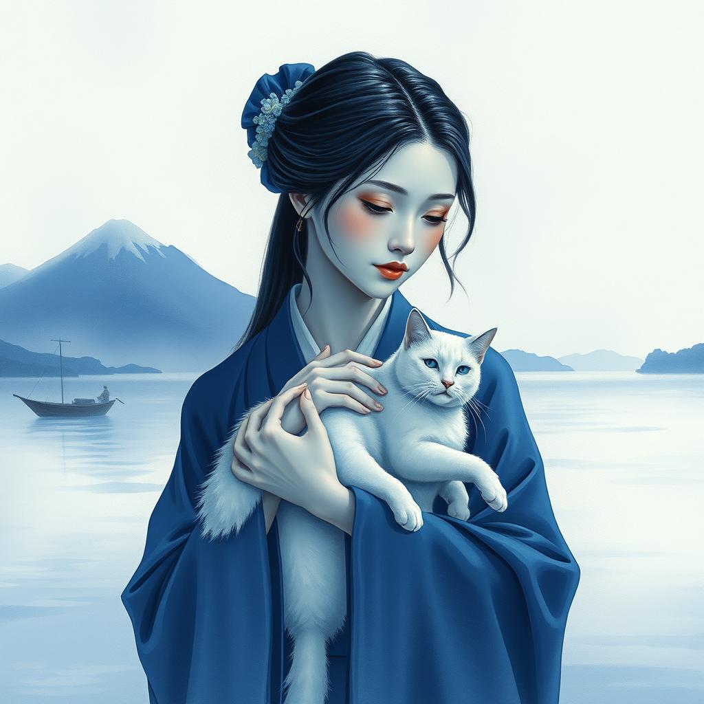 A serene woman in traditional East Asian garb, gently holding a white cat, standing by a tranquil seaside