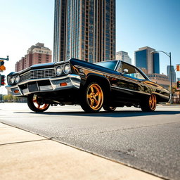 A jet-black 1965 Chevrolet Impala lowrider parked at an intersection in a sunlit downtown area, with the front end dramatically lifted high on hydraulics