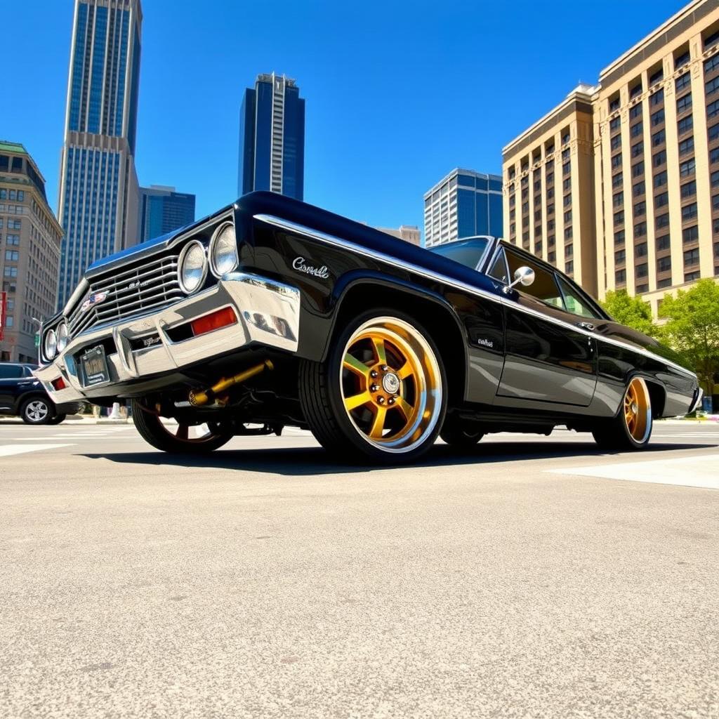A jet-black 1965 Chevrolet Impala lowrider parked at an intersection in a sunlit downtown area, with the front end dramatically lifted high on hydraulics