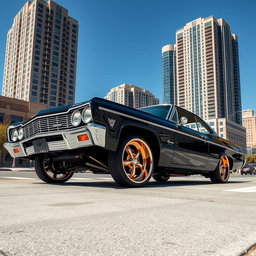 A jet-black 1965 Chevrolet Impala lowrider parked at an intersection in a sunlit downtown area, with the front end dramatically lifted high on hydraulics