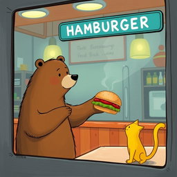 Inside a hamburger shop, a brown bear holds out a delicious, fragrant hamburger to a cute little yellow cat, illustrated in the whimsical and charming style of Jon Klassen