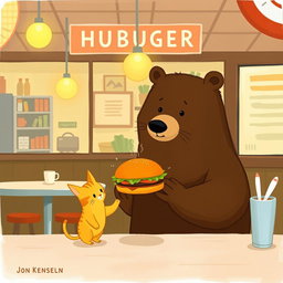 Inside a hamburger shop, a brown bear holds out a delicious, fragrant hamburger to a cute little yellow cat, illustrated in the whimsical and charming style of Jon Klassen