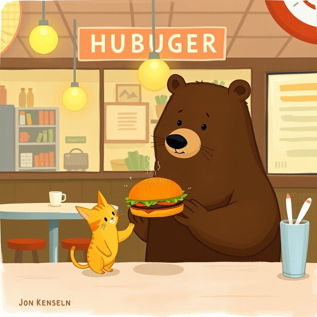 Inside a hamburger shop, a brown bear holds out a delicious, fragrant hamburger to a cute little yellow cat, illustrated in the whimsical and charming style of Jon Klassen