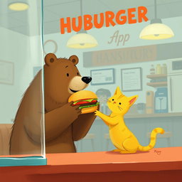 Inside a hamburger shop, a brown bear holds out a delicious, fragrant hamburger to a cute little yellow cat, illustrated in the whimsical and charming style of Jon Klassen