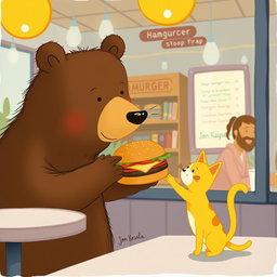 Inside a hamburger shop, a brown bear holds out a delicious, fragrant hamburger to a cute little yellow cat, illustrated in the whimsical and charming style of Jon Klassen