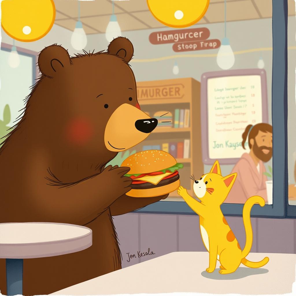 Inside a hamburger shop, a brown bear holds out a delicious, fragrant hamburger to a cute little yellow cat, illustrated in the whimsical and charming style of Jon Klassen