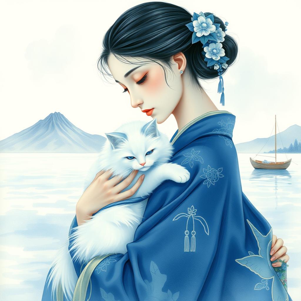 A serene woman dressed in traditional East Asian garments, gently cradling a fluffy white cat by a tranquil seaside