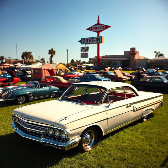 A pristine white 1961 Chevrolet Impala parked gracefully at a classic car show on a lush grassy field under a clear blue sky