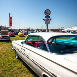 A pristine white 1961 Chevrolet Impala parked gracefully at a classic car show on a lush grassy field under a clear blue sky