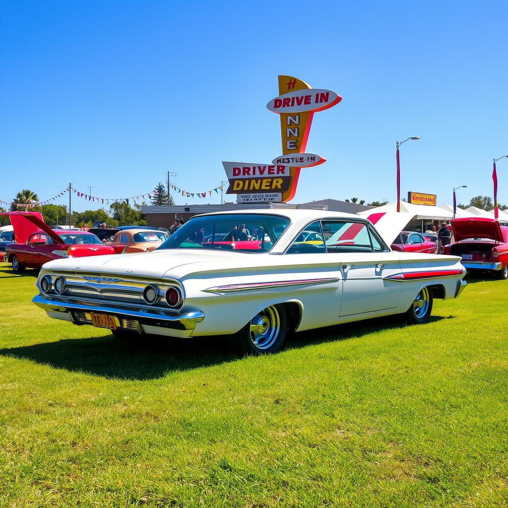 A pristine white 1961 Chevrolet Impala parked gracefully at a classic car show on a lush grassy field under a clear blue sky