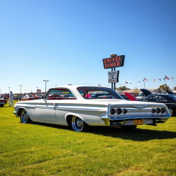 A pristine white 1961 Chevrolet Impala parked gracefully at a classic car show on a lush grassy field under a clear blue sky