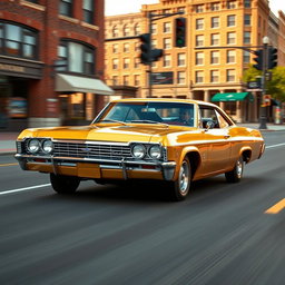 A bright gold 1965 Chevrolet Impala SS speeding through the streets of a historic downtown district, its powerful V8 engine rumbling thrillingly as it takes a wide turn