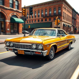 A bright gold 1965 Chevrolet Impala SS speeding through the streets of a historic downtown district, its powerful V8 engine rumbling thrillingly as it takes a wide turn