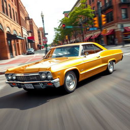 A bright gold 1965 Chevrolet Impala SS speeding through the streets of a historic downtown district, its powerful V8 engine rumbling thrillingly as it takes a wide turn