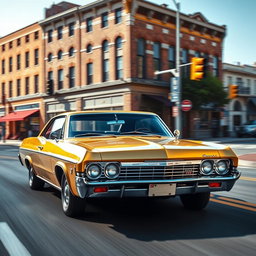 A bright gold 1965 Chevrolet Impala SS speeding through the streets of a historic downtown district, its powerful V8 engine rumbling thrillingly as it takes a wide turn