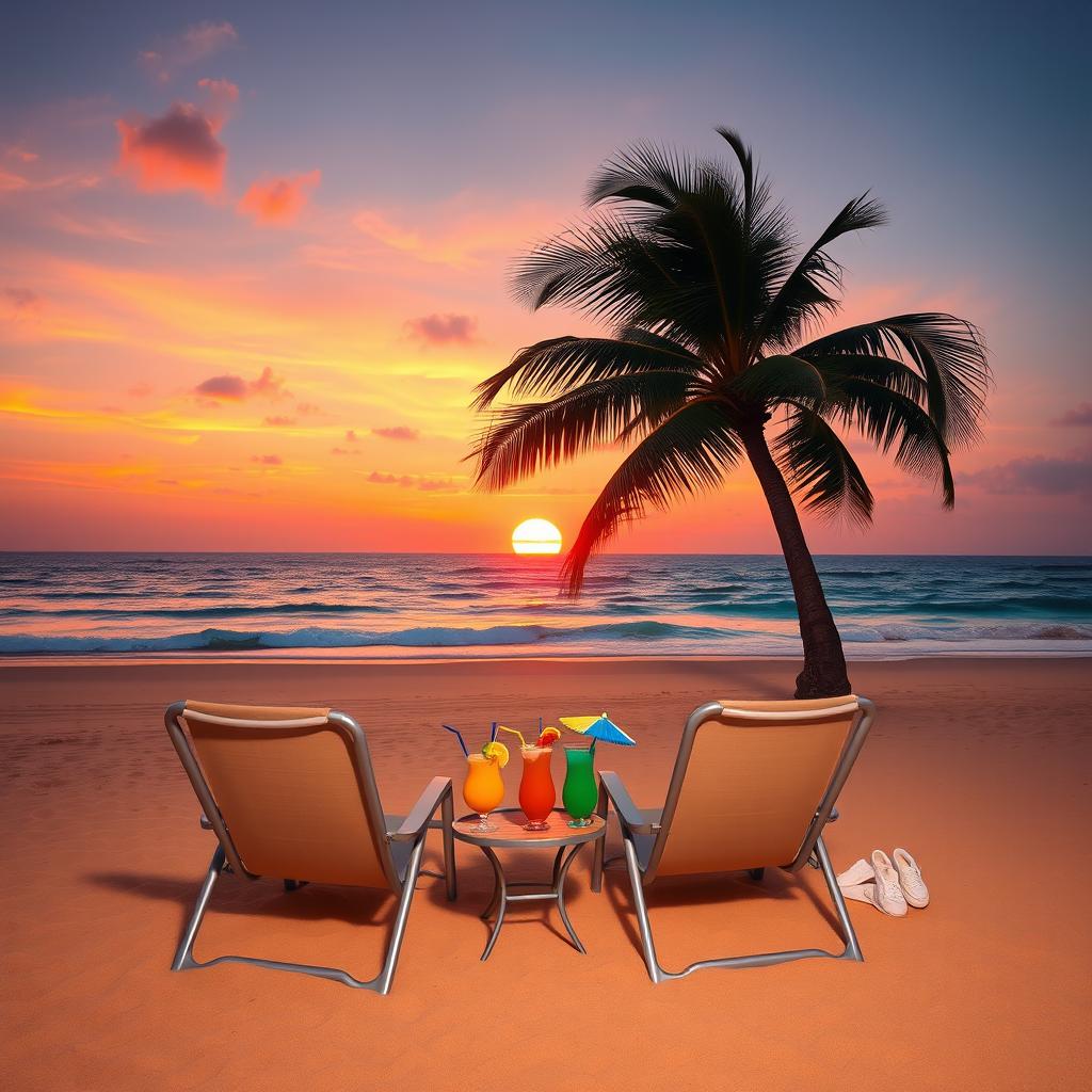 A serene beach at sunset, with the sun dipping down toward the horizon, casting vibrant orange and pink hues across the sky