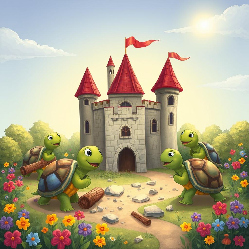 A charming scene depicting turtles engaging in a delightful construction project as they build a whimsical castle