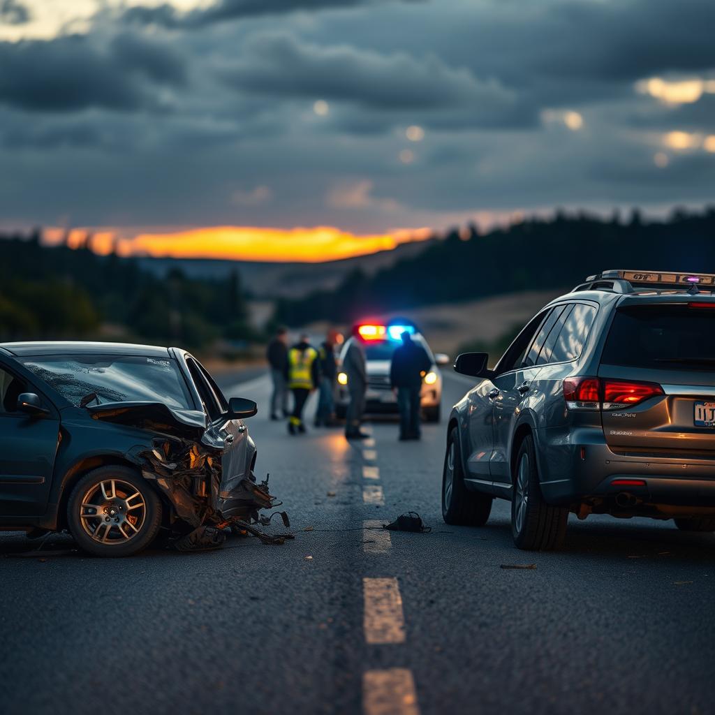A tragic car accident on a deserted road involving two vehicles, with a detailed depiction of the crash scene