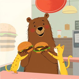 Inside a hamburger shop, a brown bear is cheerfully holding out a delicious, fragrant hamburger to a cute little yellow cat