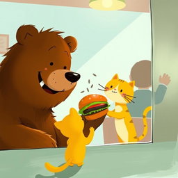 Inside a hamburger shop, a brown bear is cheerfully holding out a delicious, fragrant hamburger to a cute little yellow cat