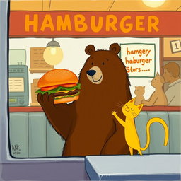Inside a hamburger shop, a brown bear is cheerfully holding out a delicious, fragrant hamburger to a cute little yellow cat