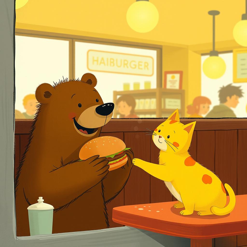 Inside a hamburger shop, a brown bear is cheerfully holding out a delicious, fragrant hamburger to a cute little yellow cat