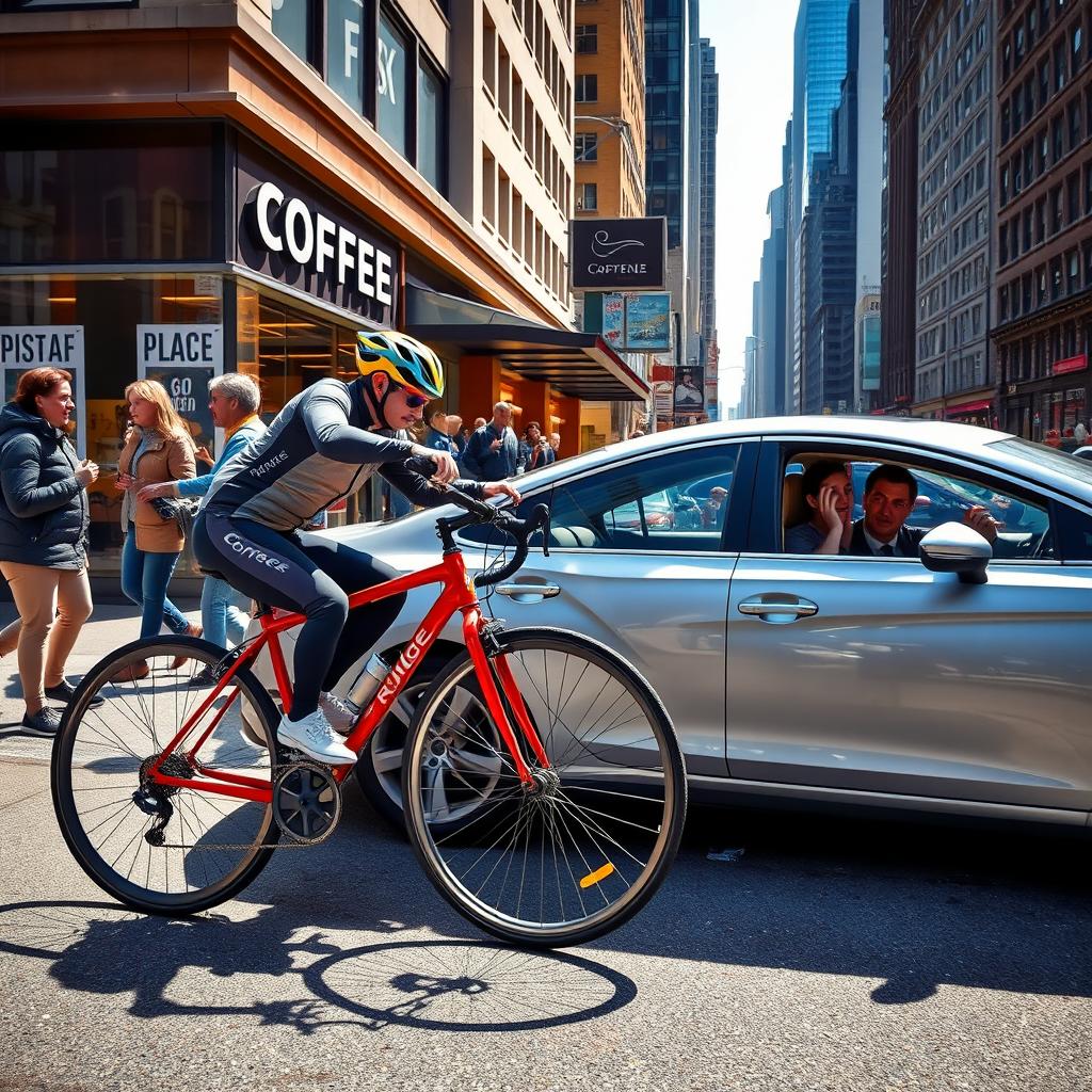 A dramatic scene depicting a collision between a bicycle and a car on a bustling city street