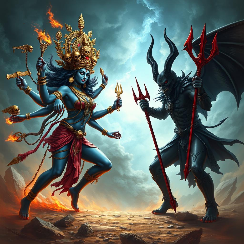 A powerful duel between Kali, the fierce Hindu goddess symbolizing destruction and empowerment, and Satan, the embodiment of darkness and temptation