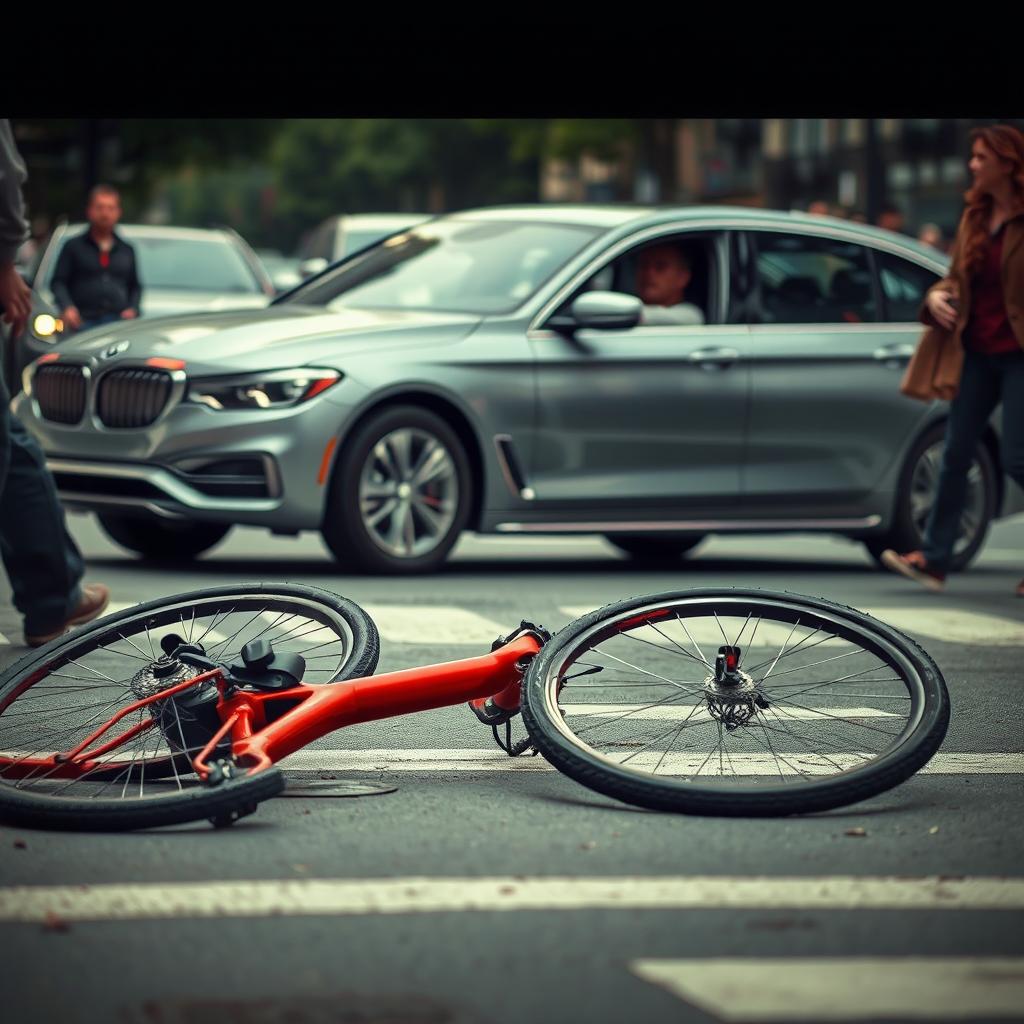 A serious scene illustrating a tragic bicycle accident involving a car in an urban environment
