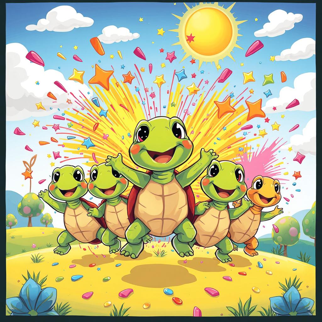 An imaginative and colorful illustration of cartoon-style turtles bursting into vibrant explosions of confetti and colorful stars