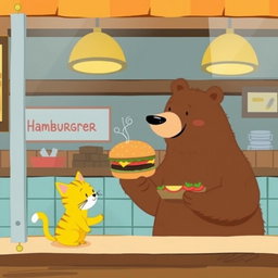 Inside a hamburger shop, a brown bear is smiling as it holds out a delicious, aromatic hamburger towards a cute little yellow cat