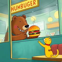 Inside a hamburger shop, a brown bear is smiling as it holds out a delicious, aromatic hamburger towards a cute little yellow cat