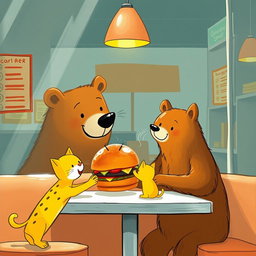 Inside a hamburger shop, a brown bear is smiling as it holds out a delicious, aromatic hamburger towards a cute little yellow cat