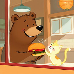 Inside a hamburger shop, a brown bear is smiling as it holds out a delicious, aromatic hamburger towards a cute little yellow cat