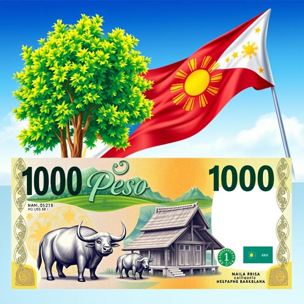 A vibrant and detailed illustration of a Philippine 1,000 peso banknote featuring prominent cultural symbols