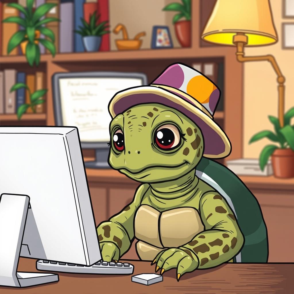 A humorous and engaging illustration of a turtle wearing a stylish hat, sitting attentively and seriously in front of a computer screen