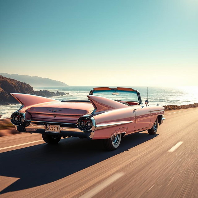 A breathtaking pastel pink 1959 Cadillac Eldorado convertible cruising smoothly along a scenic coastal highway under a bright blue sky