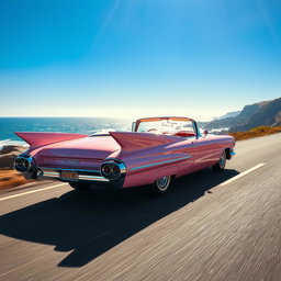 A breathtaking pastel pink 1959 Cadillac Eldorado convertible cruising smoothly along a scenic coastal highway under a bright blue sky