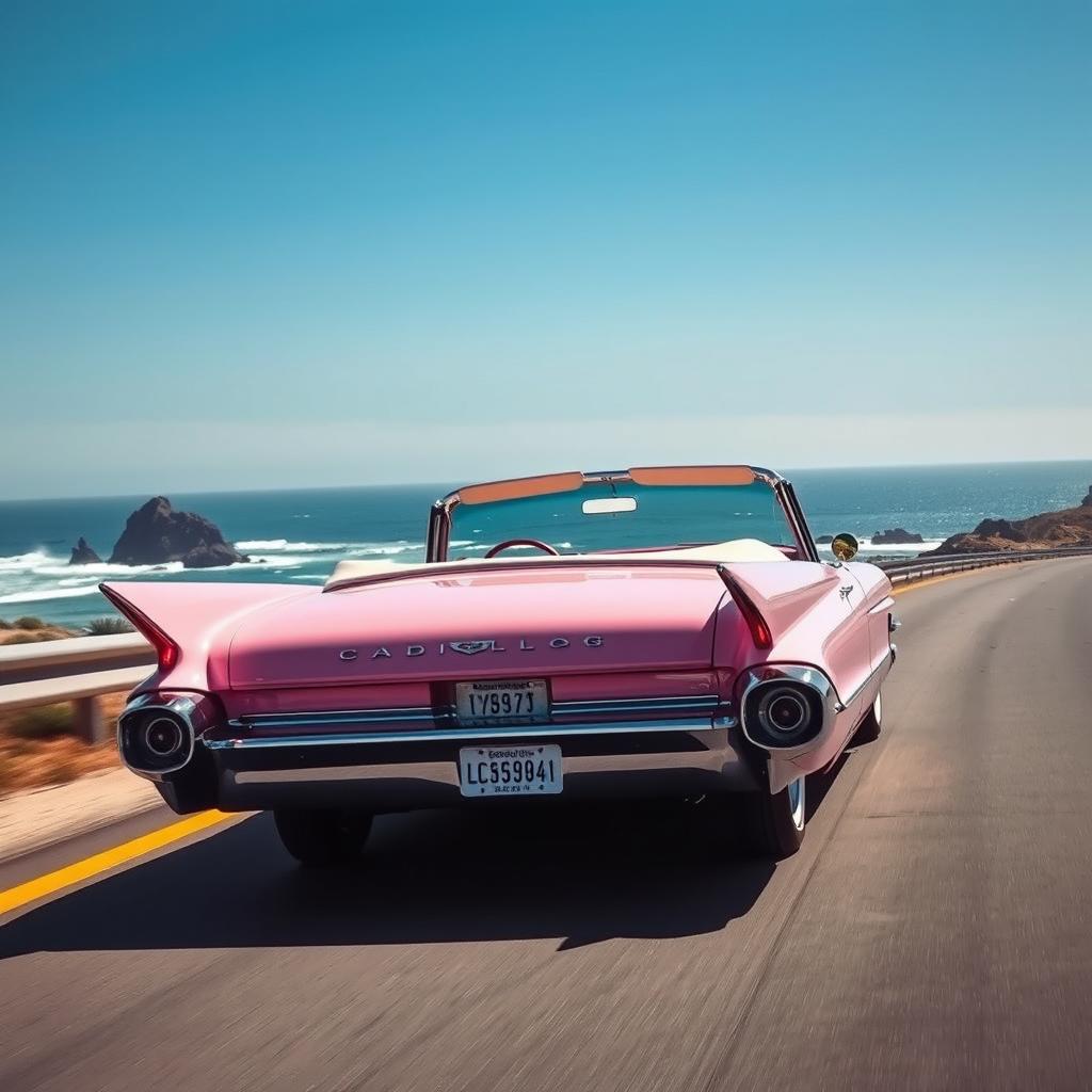 A breathtaking pastel pink 1959 Cadillac Eldorado convertible cruising smoothly along a scenic coastal highway under a bright blue sky