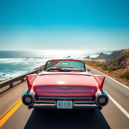 A breathtaking pastel pink 1959 Cadillac Eldorado convertible cruising smoothly along a scenic coastal highway under a bright blue sky