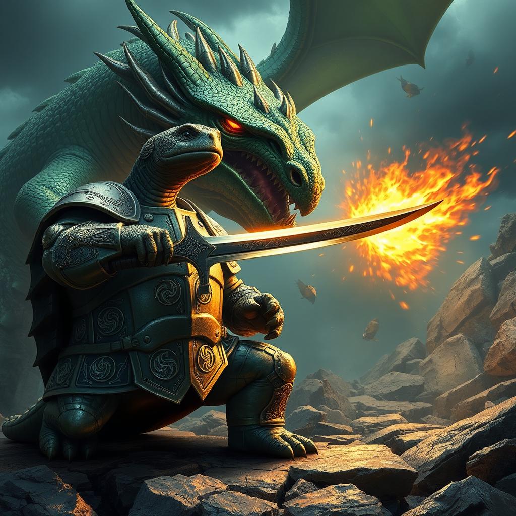 A dramatic and intense scene featuring an armored turtle bravely pointing a sword at a fearsome, large dragon