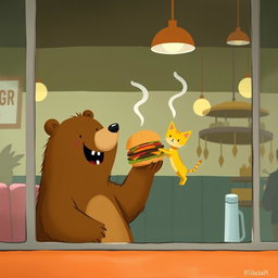 Inside a hamburger shop, a brown bear is joyfully holding out a delicious, aromatic hamburger to a cute little yellow cat