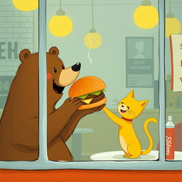 Inside a hamburger shop, a brown bear is joyfully holding out a delicious, aromatic hamburger to a cute little yellow cat