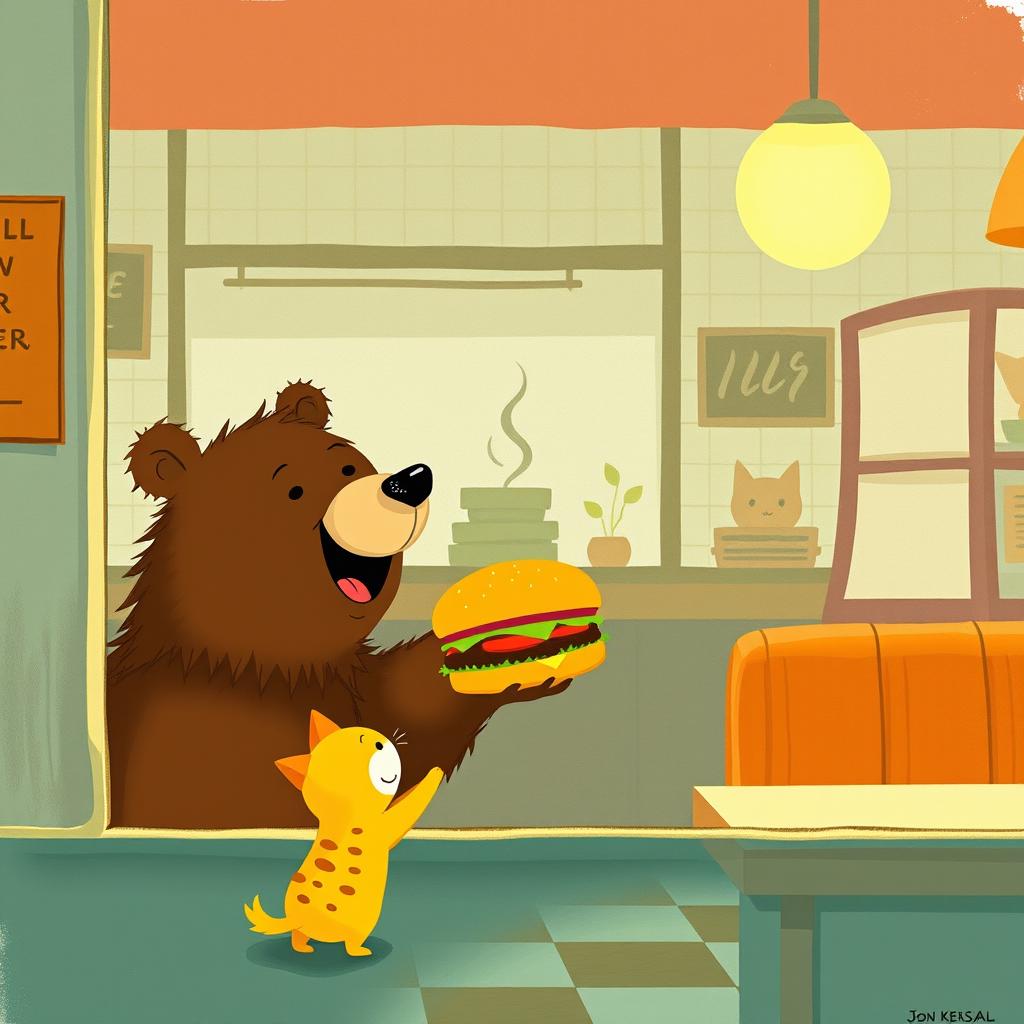 Inside a hamburger shop, a brown bear is joyfully holding out a delicious, aromatic hamburger to a cute little yellow cat